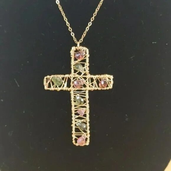 14KT GF Wire Wrap Semi Precious Stones Cross Pendant Necklace - Picture 2 of 4